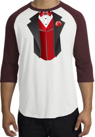 Tuxedo T-shirts Raglan With Red Vest - White/Maroon