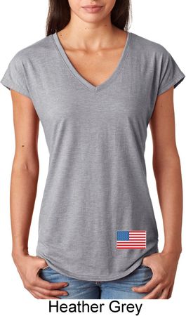 US Flag Bottom Print Ladies Tri Blend V-Neck Shirt