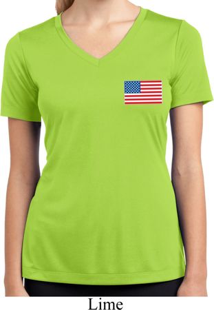 US Flag Pocket Print Ladies Moisture Wicking V-neck Shirt