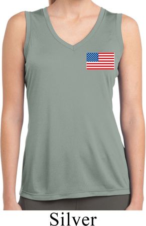 US Flag Pocket Print Ladies Sleeveless Moisture Wicking Shirt