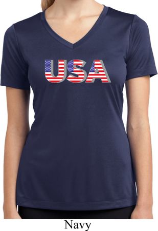 USA 3D Ladies Moisture Wicking V-neck Shirt