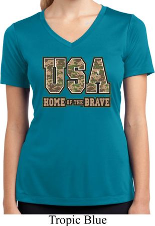 USA Home of the Brave Ladies Moisture Wicking V-neck Shirt