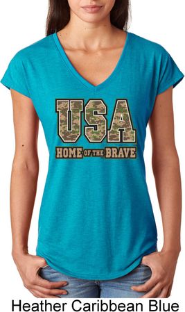 USA Home of the Brave Ladies Tri Blend V-Neck Shirt