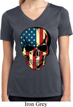 USA Skull Ladies Moisture Wicking V-neck Shirt