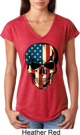USA Skull Ladies Tri Blend V-Neck Shirt