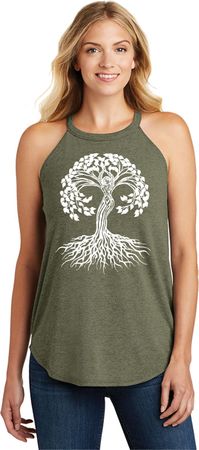 White Celtic Tree Ladies Yoga Tri Blend Rocker Tank Top