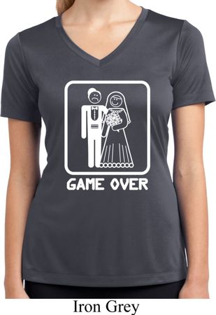 White Game Over Ladies Moisture Wicking V-neck Shirt