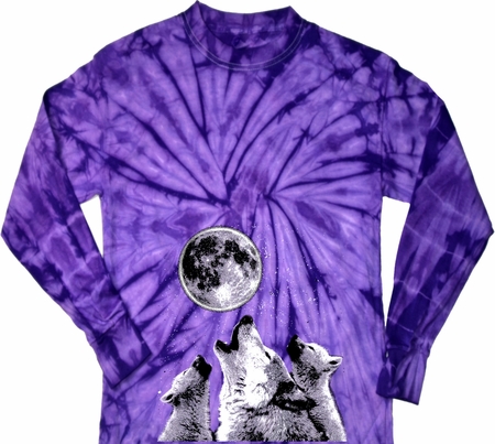 Wolves Howling at The Moon Bottom Print Long Sleeve Tie Dye Shirt