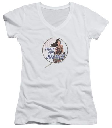 Wonder Woman Movie  Juniors V Neck Shirt Fight For Justice White T-Shirt