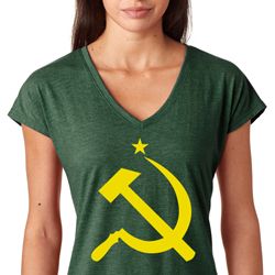 Yellow Hammer and Sickle Ladies Tri Blend V-Neck Shirt