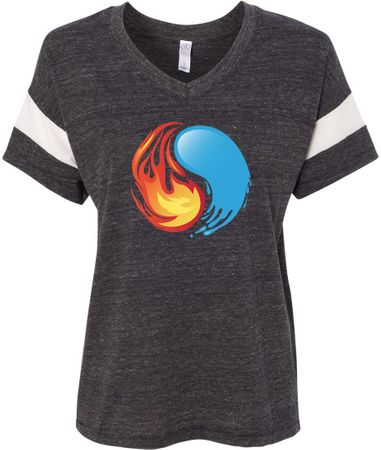 Yin Yang Fire and Water Ladies Black/Ivory Eco Jersey V Neck Shirt