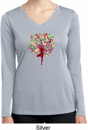 Yoga Foliage Tree Pose Ladies Moisture Wicking Long Sleeve Shirt