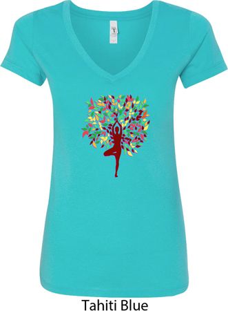Yoga Foliage Tree Pose Ladies V-Neck Shirt