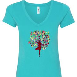 Yoga Foliage Tree Pose Ladies V-Neck Shirt Yoga Foliage Tree Pose Ladies V-Neck Shirt