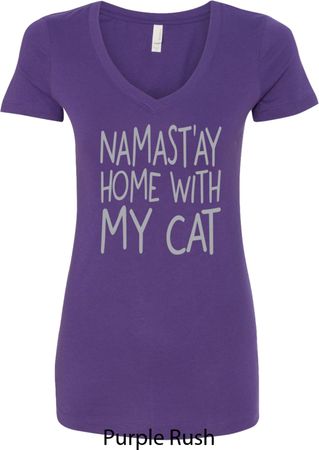 Yoga Namastay Home with My Cat Ladies V-Neck Shirt