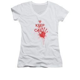 Zombie Shirt Juniors V Neck Keep Cal White Tee T-Shirt