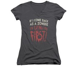 Zombie Shirt Juniors V Neck You First Charcoal Tee T-Shirt