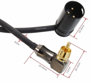 Low-Profile Right-Angle 3-Pin XLR Male to Right-Angle RCA Male Cable