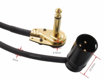 Low-Profile Right-Angle 3-Pin XLR Male to Right-Angle 1/4" TS Male Cable