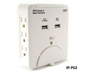 6 AC Wall Outlet + 2 USB Ports, Surge Pro Power Adapter, w/ Tablet/Phone Holder