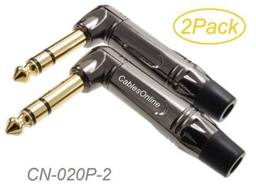 2-Pack Right-Angle 1/4" 6.3mm TRS Brass Solder-Type Male Gold Plated Connectors