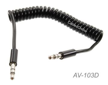 3ft Slim Connector 3.5mm (1/8") Stereo TRS Male/Male Coiled AUX Audio Cable 