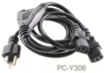 6ft AC US Standard NEMA 5-15P to 2x IEC-320 C-13 3-Prong Power Y-Splitter Cable