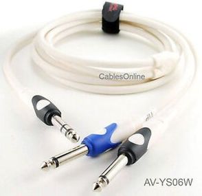 6ft Kirlin 1/4" TRS Stereo Male Plug to Dual 1/4" TS Mono Male, White