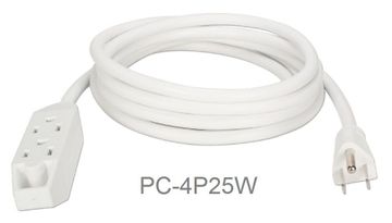 25ft 3-Outlet Power Extension Cord, 16AWG, NEMA 5-15P to 3 NEMA 5-15R, White