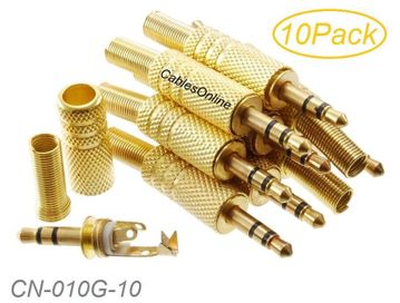 10-Pack 3.5mm 1/8" Stereo TRS Male Gold Connector with Spring Relief