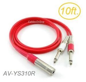 10ft Ultra Flex 1/4" TRS Stereo Female Jack to Dual 1/4" TS Mono Plug Red Cable