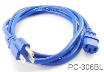 6ft 3-Conductor AC Power Cable, 18AWG, NEMA 5-15P to IEC C13, Blue
