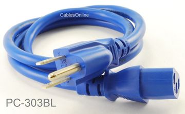 3-Conductor AC Power Cable, 18AWG, NEMA 5-15P to IEC C13, Blue
