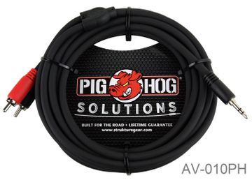 10ft PigHog Stereo Breakout Cable, 3.5mm Stereo Male to Dual RCA Male