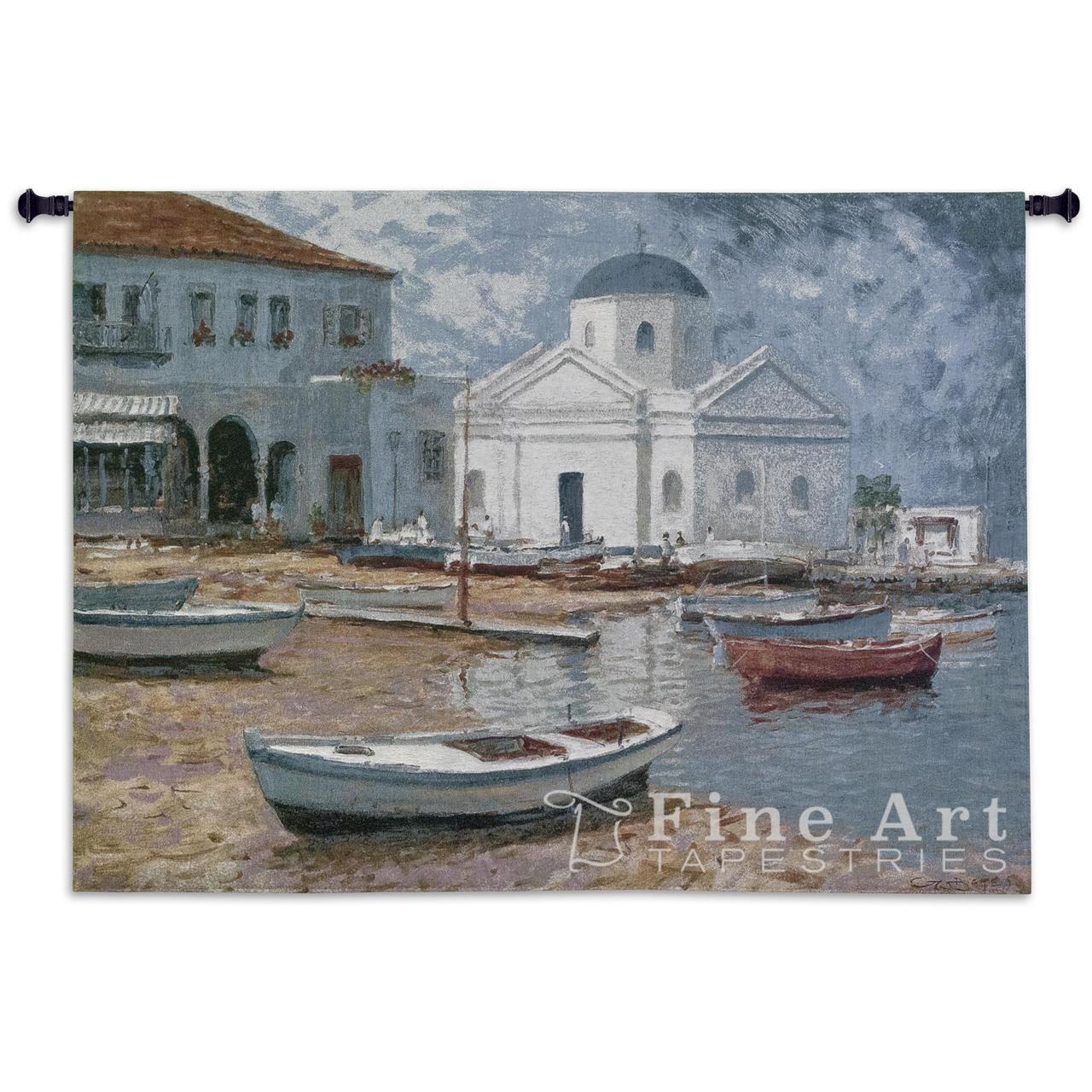 Mykonos I Nautical Tapestry Wall Hanging Greek Waterfront Scene, H40