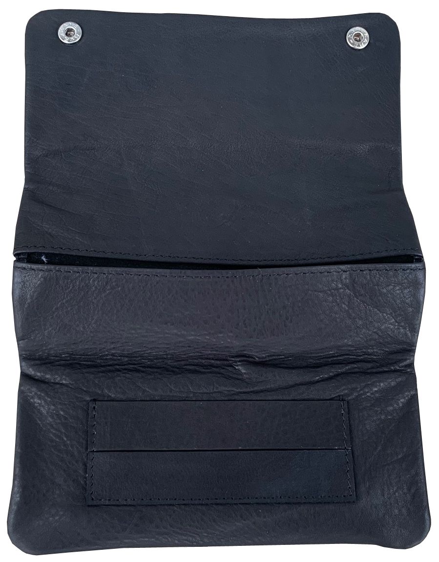 Black Leather Full Size Multi Pocket Snap Tobacco Pouch