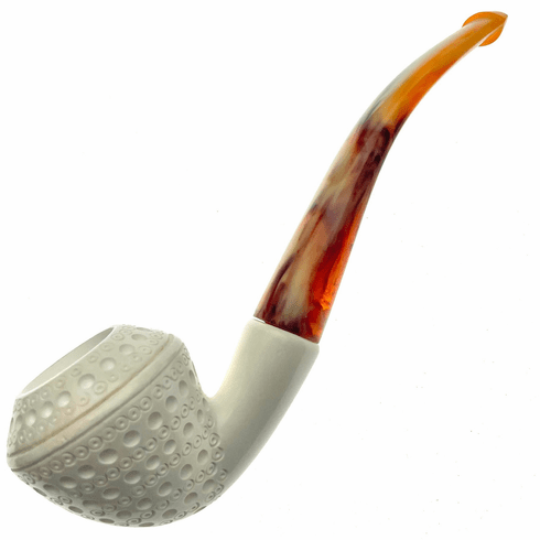 Large Full Bent Lattice Bulldog White Genuine Block Turkish Meerschaum Pipe With Case