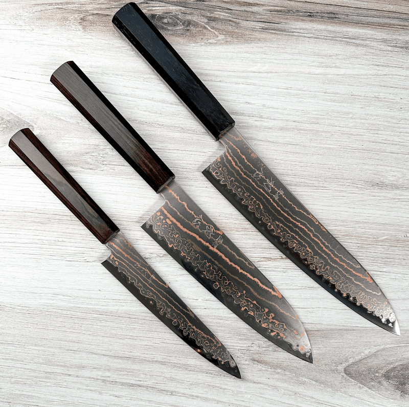 初心HATSUKOKORO 青二鋼 レインボーダマスカス ペティ15cm黒檀柄 初心