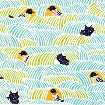 Musubi Kata Kata Cats and Birds Furoshiki 70cm Green