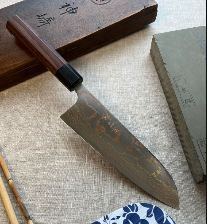 Saji Rainbow Blue #2 Damascus Santoku 185mm Wa|CKTG