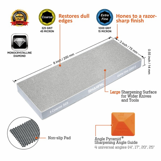 Sharpal Dual-Grit Diamond Sharpening Stone w/ Angle Guide, 325/1000 Grit