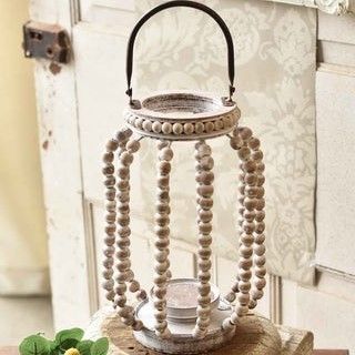 Candle Lantern - Amalfi Natural Wood Bead - 12.5in H