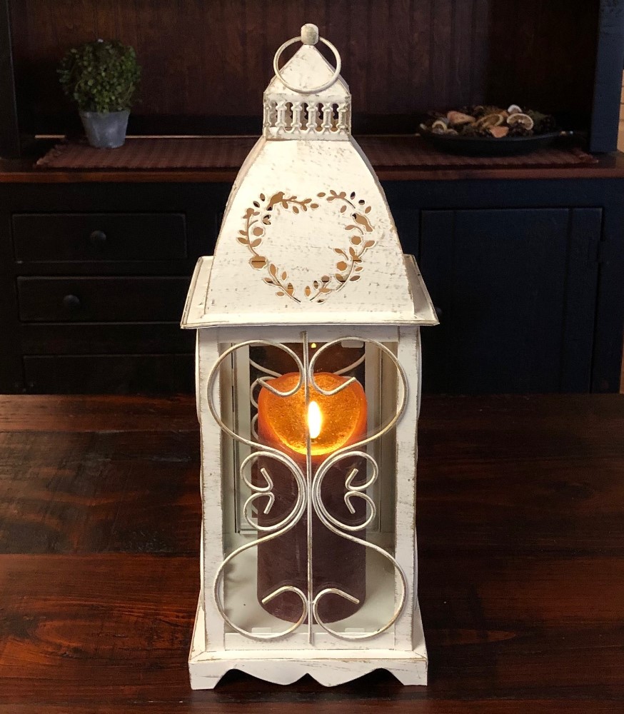 Candle Lantern Holder Antique Cream Heart Lantern 16in