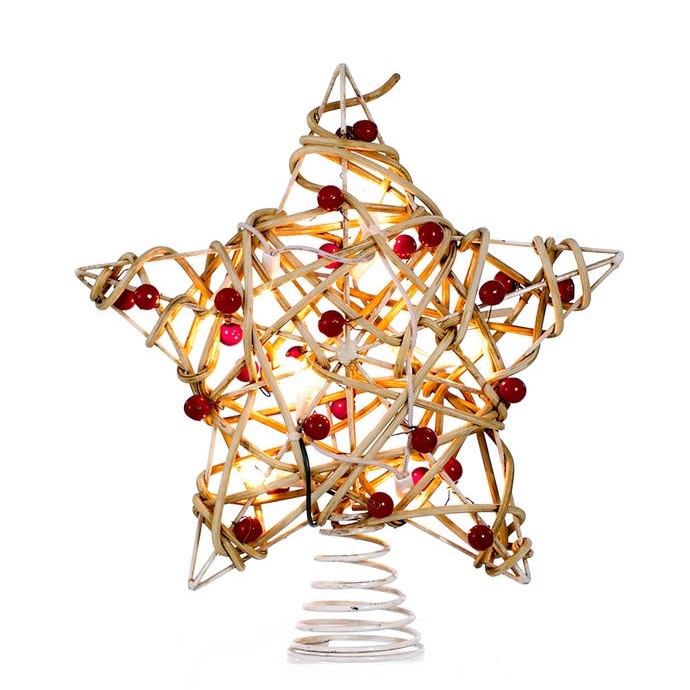 Electric Tree Topper - Birch Rattan Star With Berry - 10.9in