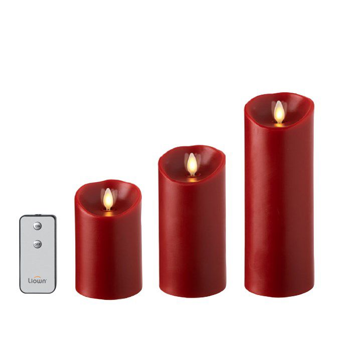 Flameless Pillar Candle Moving Flame Red Set/3 with Remote