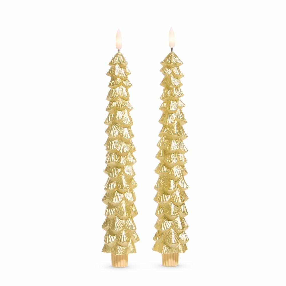 Holiday Battery-Operated Tree Taper Candles - Set of 2 - 10.5in - Gold