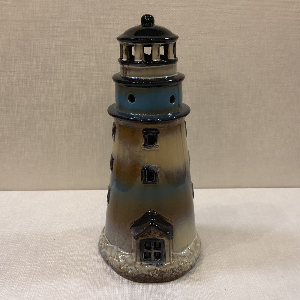 Lighthouse Candle Holder Natural/Brown/Blue 9.5in