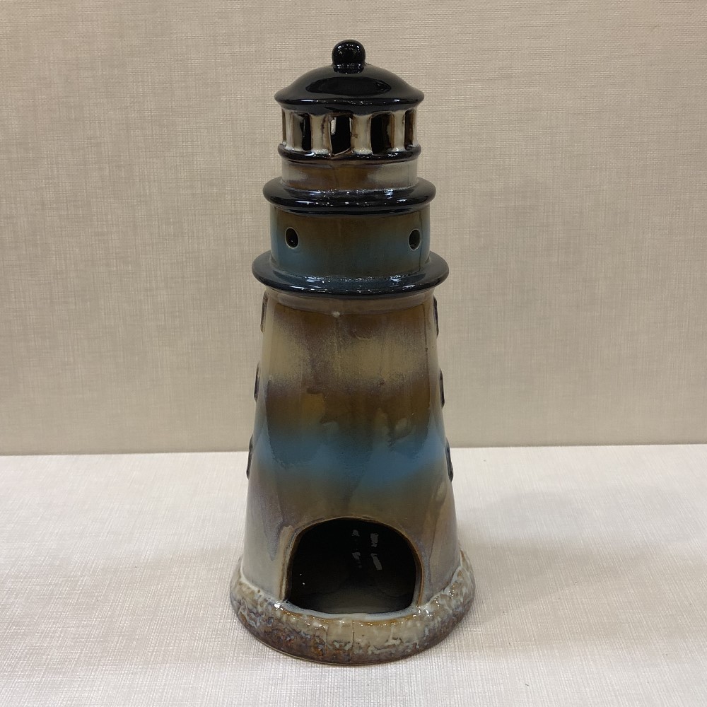 Lighthouse Candle Holder Natural/Brown/Blue 9.5in