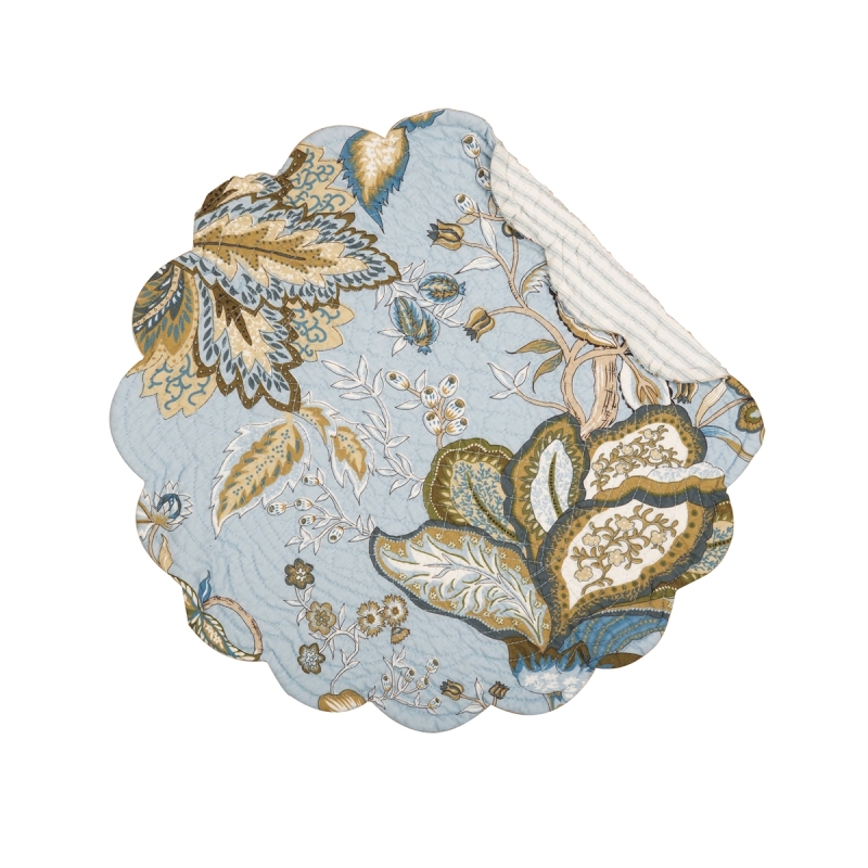 Round Quilted Placemat Bethany Blue Washable/Reversible 17in
