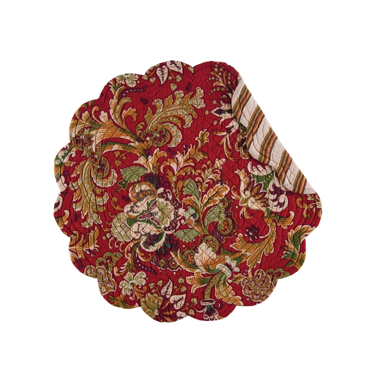 Round Quilted Placemat Jocelyn Red Washable/Reversible 17in